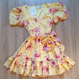 Likely Quinn Snapdragon Floral Mini Dress Puff Sleeves Ruffle S Yellow Pink NWT